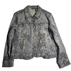 Vtg Y2K Chico's Gray Acid Wash Floral Embroidered Button Up Denim Jacket 0 S
